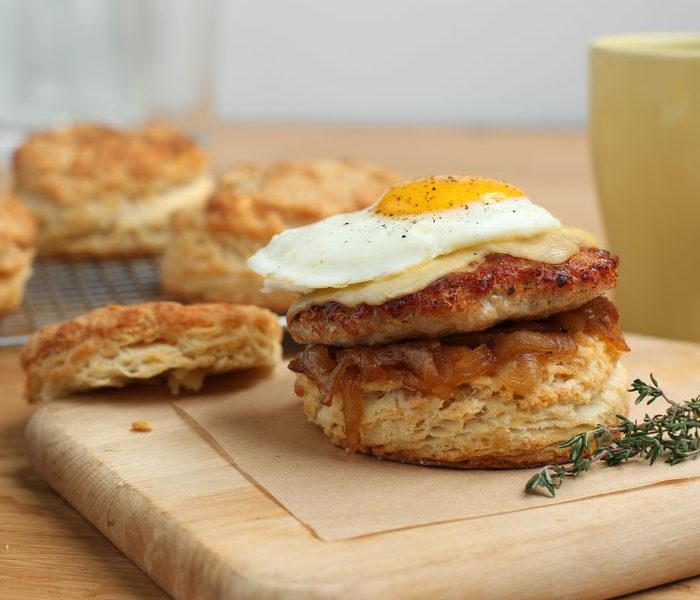 Brown Butter Biscuit With Sweet Onion Marmalade, Sage Sausage And Farm-Fresh Egg